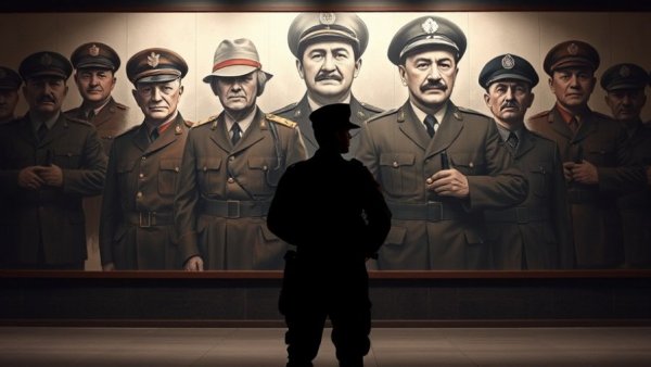 Silhouette of soldier by mural with military leaders in a serious pose.