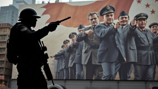 Silhouetted armed figure against leaders mural in city, Trump Iran war updates.