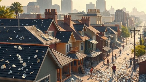 Community members repairing after a hailstorm in a vibrant city.