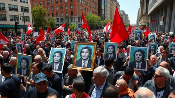 Protesters hold portraits at outdoor rally, national news headlines.
