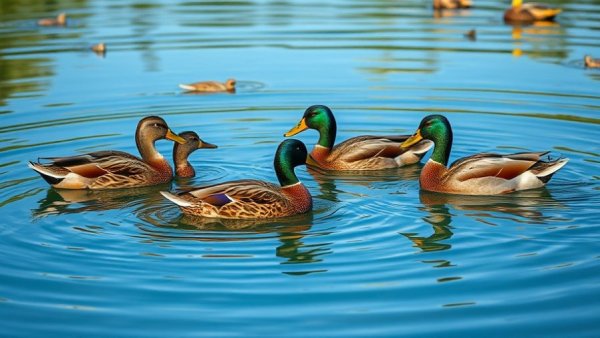 Ducks swimming in Heritage Duck Pond, reflecting water quality safety.