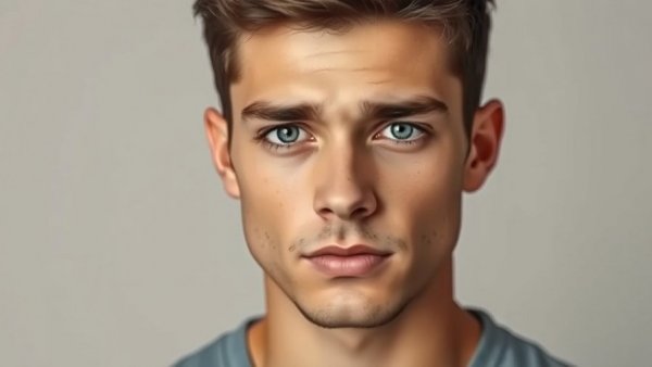 Young man with serious expression in photorealistic portrait.