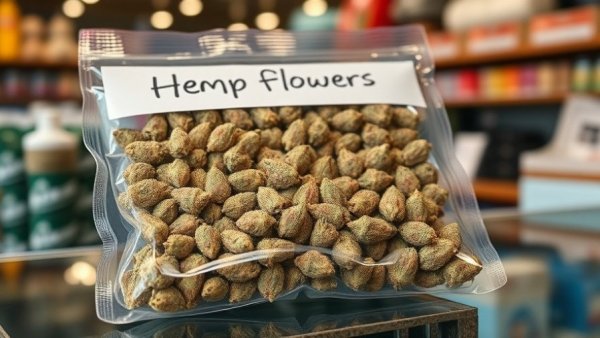 Colorful package of hemp flowers displayed on store counter.