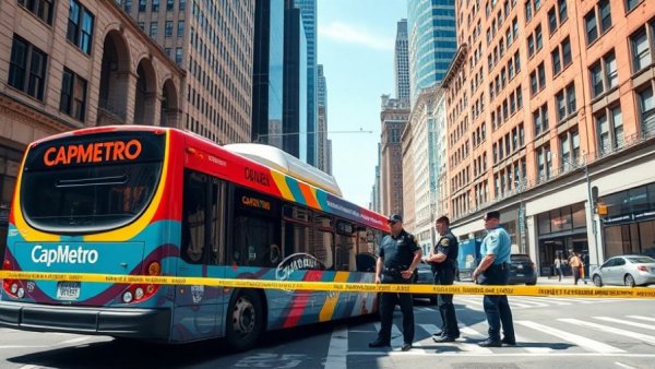 Police investigating CapMetro bus incident in Austin with city background.