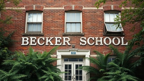 Old school building facade with worn 'BECKER SCHOOL' sign