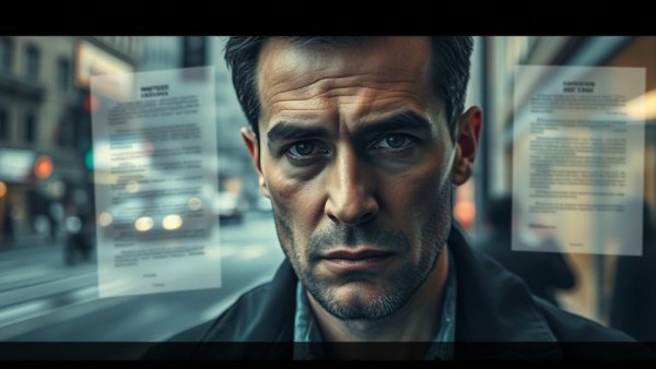 Somber man overlay with documents and street view, serious tone.