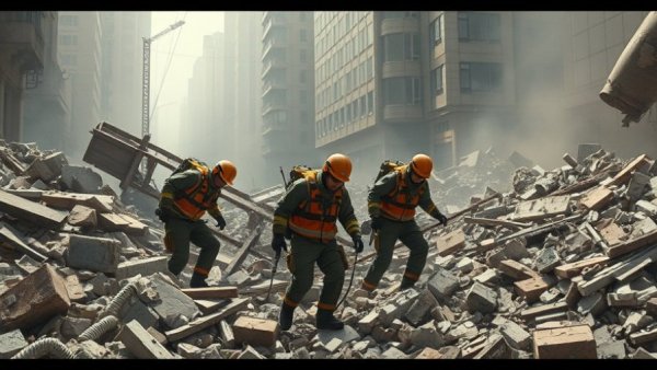 Rescue team searching rubble after U.S. bombed military sites.
