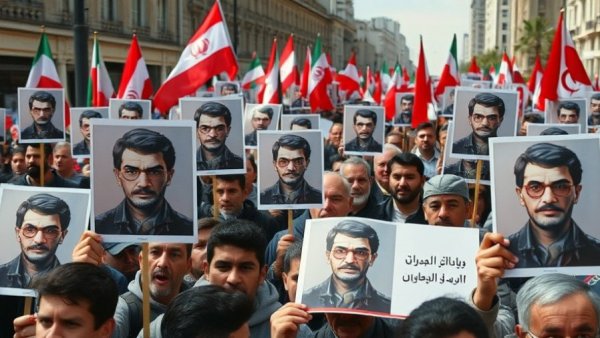 Breaking news Tehran unrest with protesters holding portraits in daylight.