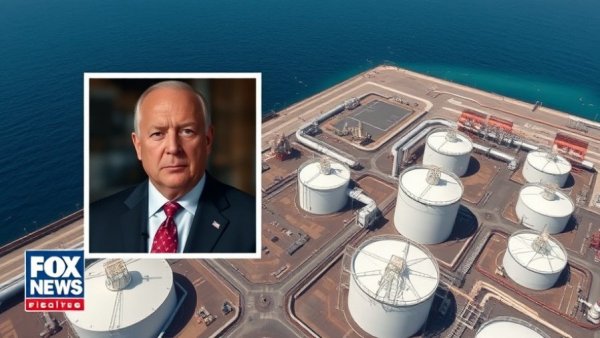 Iran's Fewer Options news segment with industrial aerial view and commentator.