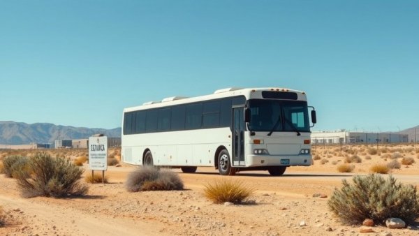 Distant view of a bus at El Paso detention center, desert landscape.