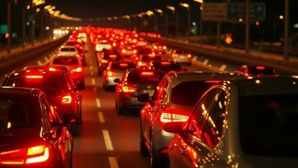 Houston Freeway Closure Update shows nighttime traffic jam.