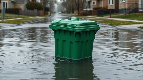 Houston drainage problems cause urban flooding with floating bin.