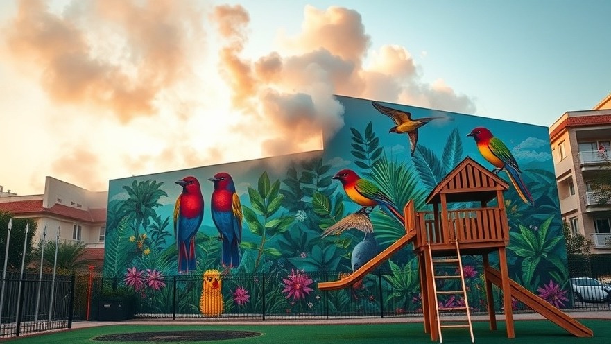 Urban mural depicting colorful birds on school building in Europe.