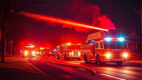 Houston neighborhood fire scene with fire trucks at night.