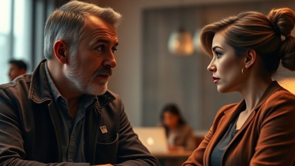 Formal discussion setting with two people, engaging in a conversation.