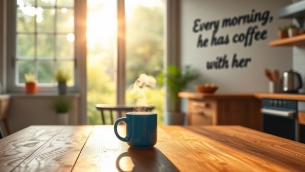 Serene kitchen with coffee mug symbolizing AI deadbots for grief support.