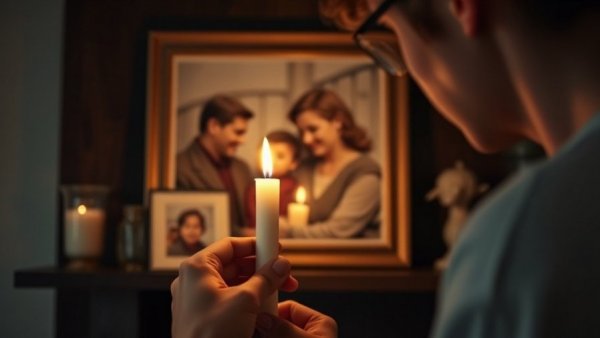 Person lighting a candle in front of a photo on a shelf, warm atmosphere.