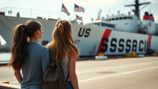 Young women observing US Coast Guard ship at dock event.