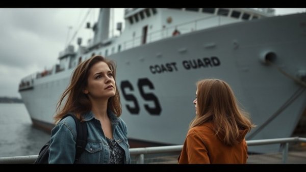 Two females observing US Coast Guard ship from dock