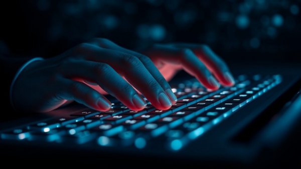 Hands typing on glowing keyboard highlighting cybersecurity concerns at SXSW.