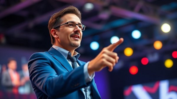 Confident speaker discussing rising sports ticket costs on stage.