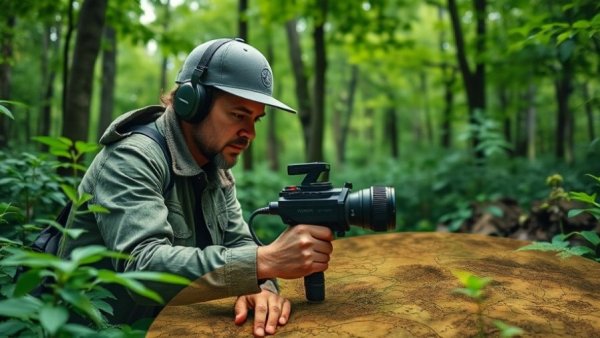 Modern researcher exploring lost medieval city with radar in forest.