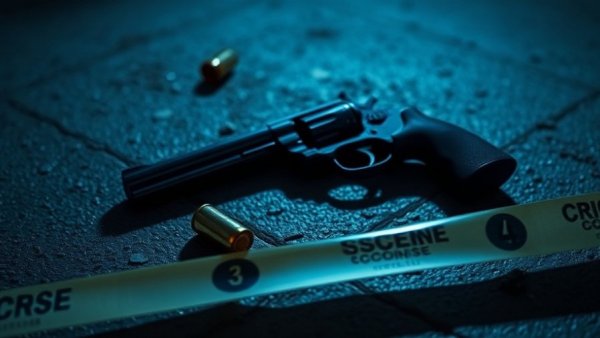 Crime scene with revolver and evidence markers in Dallas.