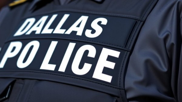 Dallas Police vest emblem, close-up, associated with Dallas shooting news.