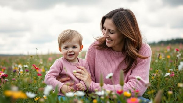 Prince William as a child with Princess Diana in a vibrant field of flowers.