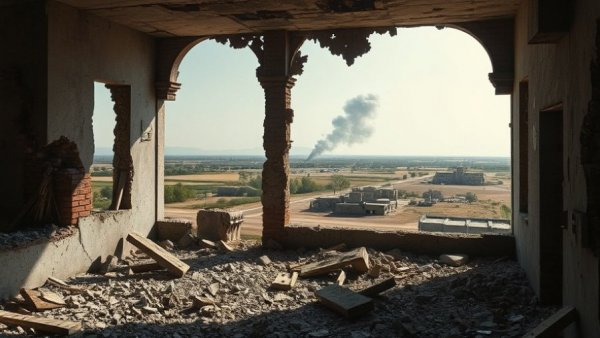 War-torn building symbolizing conflict in US Iran relations.