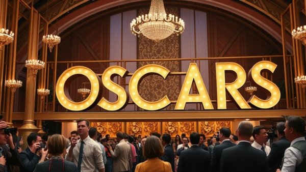 Oscars signage at award ceremony event, media capturing moments.