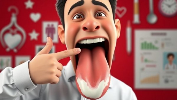 How to Get Rid of Candida in 24 Hours: Man pointing at white tongue illustration.