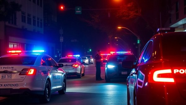 Police scene in San Antonio at night with flashing lights.