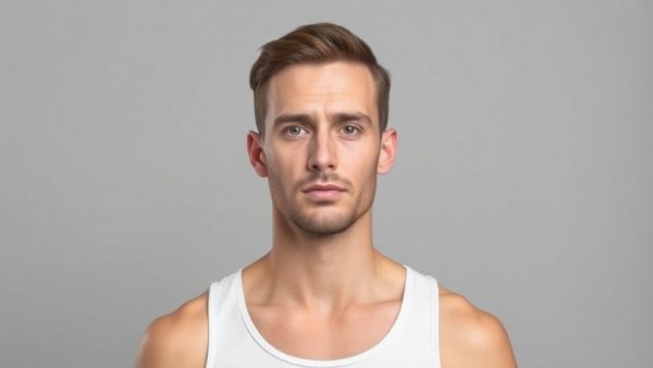 Portrait of a man in a white tank top on a gray background.