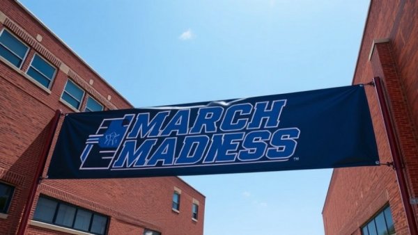 March Madness 2026 schedule logo banner outdoors.