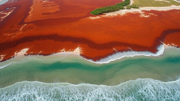 Expansive coastline with sargassum seaweed impact, clear day.