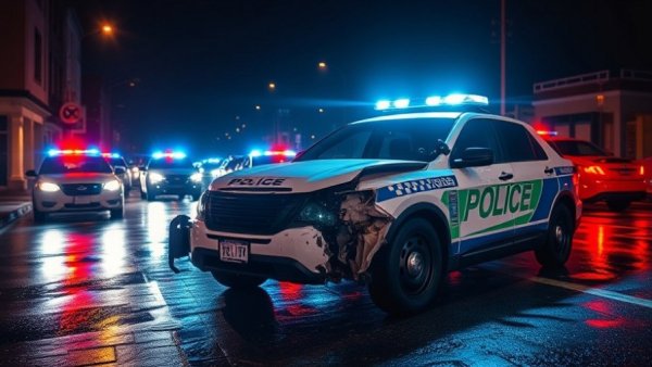 Houston news: Damaged police car with flashing lights at night