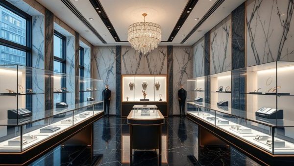 Elegant showroom interior for building a jewelry brand.
