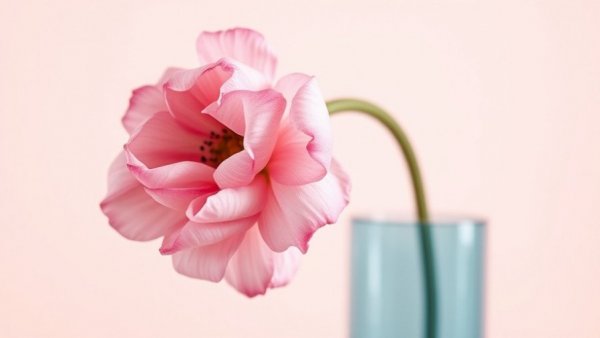 Wilted pink flower in blue vase, symbolizing delicacy and softness, pastel background.