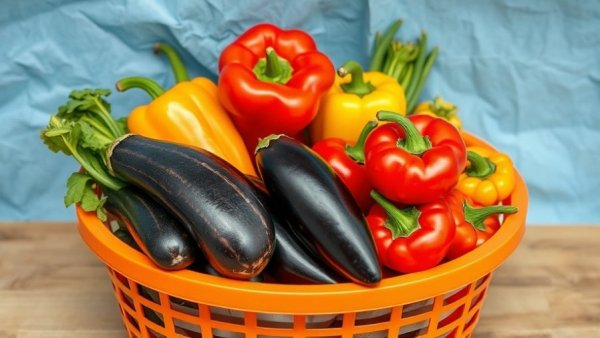 Vibrant peppers and eggplants in a basket symbolizing health and wellness.