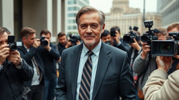 Trump lawyer surrounded by media, highlighting conservative backing.