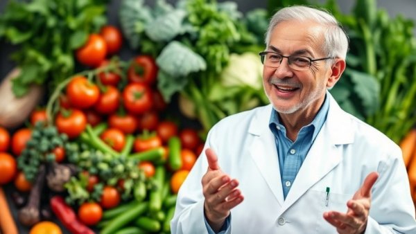 Ideal ferritin levels: smiling doctor with healthy vegetables background.