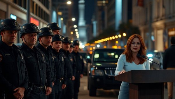 Police group and woman at podium contrasting scene