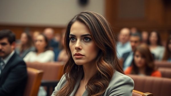 Woman sitting in courtroom with serious expression.