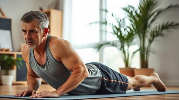 Focused man doing exercises to flatten your stomach naturally indoors.