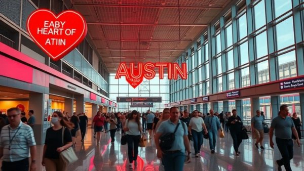 Travelers at Austin-Bergstrom International Airport with 'HEART OF AUSTIN' sign.