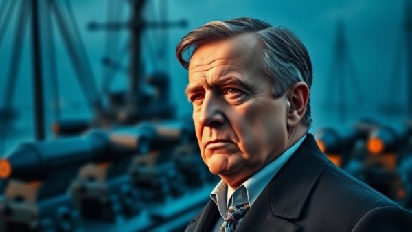 Thoughtful political leader amidst abstract naval background, US strategy in the Strait of Hormuz.