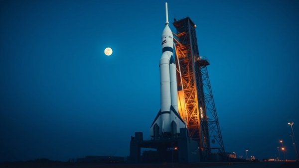 NASA Artemis II rocket on launch pad with moon in the background.