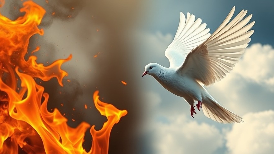 Conceptual image of nuclear annihilation: war flames contrasting with a peace dove.
