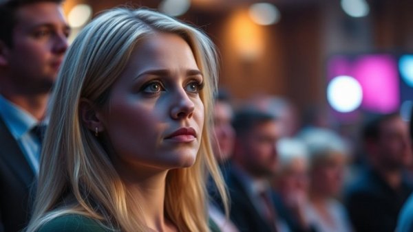 Blonde woman at event, thoughtful expression, Coldplay kiss cam backlash.